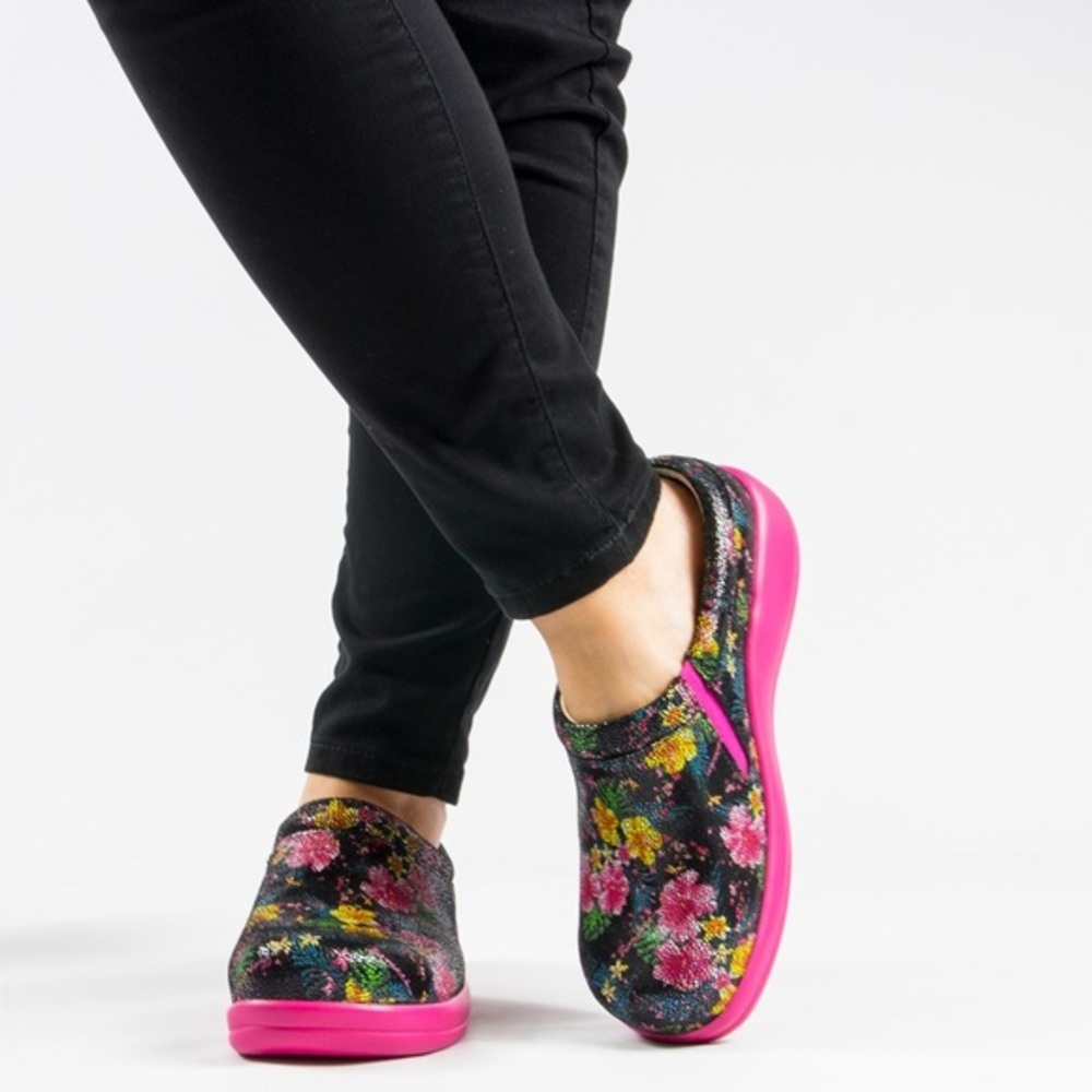 Alegria Kayla Lei black pink floral clogs 41